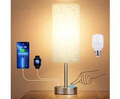 Lampada da Tavolo, Lampada da Comodino Touch con Porte di Ricarica USB-A+Type-C, Dimmerabile a 3 vie, Paralume in Lino Bianco, Abat Jour da Comodino per Camera da Letto Soggiorno Ufficio Hotel