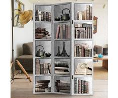 Bakaji Paravento Separè 3 Pannelli Struttura in Legno Rivestimento in Tela Con Stampa Fronte Retro Libreria Divisorio Richiudibile Pieghevole (180 x 120 cm)