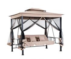 BAKAJI Gazebo Parasole da Giardino con Dondolo Letto e Zanzariere 3 posti, Modello Extra-Lusso Cleopatra, Amaca Altalena Trasformabile in Letto Matrimoniale, Colore Beige