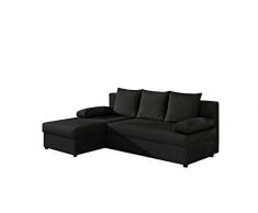 Divano letto angolare trasformabile e reversibile con box contenitore, 3/4 posti, in tessuto, per soggiorno e salone, Aron (nero - Sawana 14)