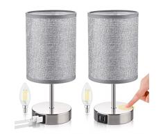 Lampada da Comodino, 2 Pezzi Lampada da Tavolo Toccabile Dimmerabile, 3 livelli di luminosità, con 2 Porte USB Ricarica & 2 E14 Lampadine Dimmerabili, perfetto per Soggiorno, Camera da letto(grigio)
