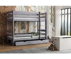 Toby - Letto a castello per bambini, in legno massello, misura 190 x 90 cm, colore: grigio, cassetto sì, materasso nessuno