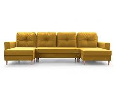 Ampio divano angolare XXL a U panoramico convertibile in letto con contenitore, 6/7 posti, in tessuto, per soggiorno e salone, 300 x 137 x 84 cm, Carl U, giallo