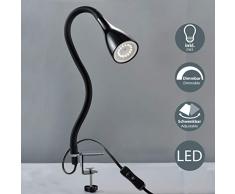 B.K.Licht Lampada LED da tavolo con morsetto dimmerabile su 3 livelli, include lampadina 5W GU10, luce calda 3000K, lampada da scrivania o comodino nera