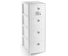 SF SAVINO FILIPPO Mobile cassettiera bianca 4 cassetti stretta slim in dura plastica di resina trama finto vimini da bagno camera ripostiglio porta tutto