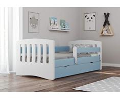 Bjird Letto per Bambini Singolo 140x70 160x80 180x80 con sponda anticaduta con barriera cassettone Estraibile e Telaio a doghe per Bambini e Bambine - Classico - Blu - 80 x 140 cm