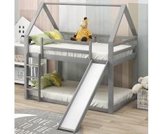Moimhear Letto per bambini 90 x 200 cm, letto a castello basso con scala e scivolo, telaio a castello in legno massello con rete a doghe (grigio + scivolo)
