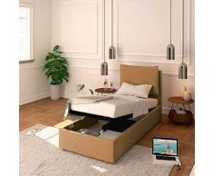 Baldiflex Letto Singolo con Contenitore Modello Licia in Ecopelle, Rete a Doghe, per Materassi Singoli 90x200 cm, Testiera Finemente Imbottita, Colore Nature