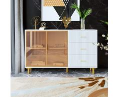 Moimhear Credenza effetto marmo, piano in MDF, porte in vetro marrone, maniglie dorate, con 2 scomparti e 3 cassetti, moderna cassettiera per soggiorno, camera da letto, 150,2 x 40,1 x 89,2 cm.