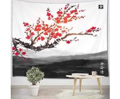 LB 200x150cm Arazzo Red Cherry Blossom Arazzo da Parete giapponese Telo da Parete Nero Grigio Bianco Arte Muraria per Soggiorno Camera da Letto Dormitorio Decorazione