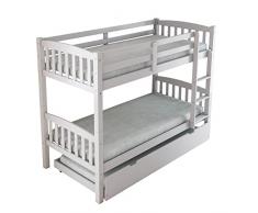 Arredo Stock Letto a castello con terzo letto estraibile in legno di pino massello, 90x190x156 cm (Bianco)