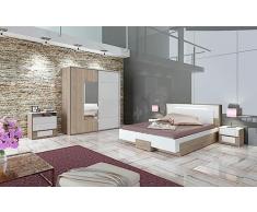 Camera da Letto Completa Dotata di Armadio Ante Scorrevoli e Specchio Letto Contenitore Matrimoniale con LED Set Arredo Zona Notte Rovere e Bianco Lucido CDLI17 (Solo camera)