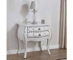 Simone Guarracino Comodino bombato Brilliant Stile Barocco Moderno Bianco Laccato e Foglia Argento Ecopelle Bianca Bottoni e pomelli Swarovski