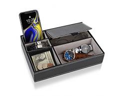 Baoyun - Cassettiera da uomo in pelle con 5 scomparti per accessori, portafoglio, telefono, chiavi Nero e grigio.