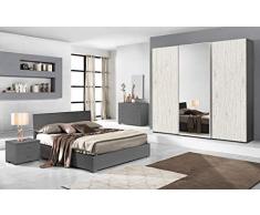 Dafne Italian Design Camera Completa - Titanio, effetto quercia bianca ( Letto matrimoniale, Armadio, Comodino, Specchiera, Comò)