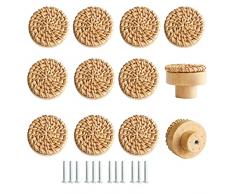 HDJNal 12 pomelli per cassettiera in rattan – pomelli rotondi per cassetti in legno di faggio, resistenti pomelli per cassetti in legno di faggio, fatti a mano, in vimini, pomelli per mobili in legno