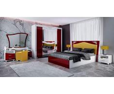 Arredodacasa.com Camera Matrimoniale Rossa Lucida Con Testiera Del Letto Imbottita In Ecopelle Stanza Da Letto Completa in Giallo Ocra Con Armadio Letto Comodini Comò E Specchio CDLI11