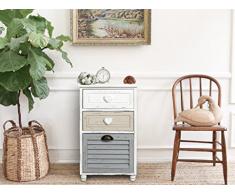 Rebecca Mobili Comodino per Camera Bagno, Mobile Multiuso con 3 cassetti, Legno Paulownia, Bianco Grigio Beige, Shabby - Misure 65 x 40 x 29 cm (HxLxP) - Art. RE4416