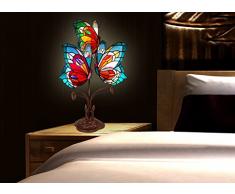 World Art Farfalle Abat Jour Lampada da Comodino Stile Tiffany E14, 25 W, Multicolore