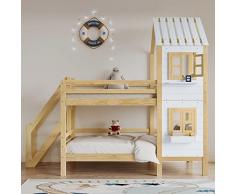 KecDuey Letto a castello con corrimano e finestra, 200 x 90 cm, lettino con protezione anticaduta e griglia, telaio in legno