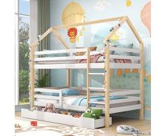 Azkoeesy 90x200 cm Letto a castello per bambini, Struttura del letto, con protezione anticaduta, cassetti, rete a doghe, scala, colore naturale