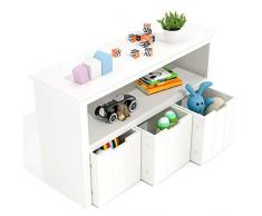 CHOUCHOU Ripiani Centrali Ripiano Scaffalatura Armadietto for Bambini Contenitore for Giocattoli Organizzatore Panca for Bambini Cassettiera in Legno con 3 cassetti con Ruote 102x33x61,5 cm
