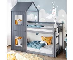 Lettino per bambini, Lettino a castello, 90 x 200 cm, profondità del pavimento, con scala e baldacchino (grigio)