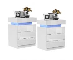 Lvhcmfohm Set di 2 Comodini Camera da Letto con LED, Comodino Cameretta Bianco, Cassettiera Bianca con 3 Cassetti e Barra Luminosa a 16 Colori (45x35x61cm)