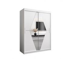 E-Meubles - Armadio da camera con 2 ante scorrevoli e specchio, guardaroba (bastone) con ripiani (L x A x P): 150 cm x 200 cm x 62 cm, Bola (bianco)