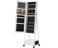 SONGMICS Armadietto Portagioie, Specchio a Figura Intera, Specchiera Portagioielli con Serratura, Cassetto Inferiore, Ripiano e Ruote, Idea Regalo, Bianco JJC004W02