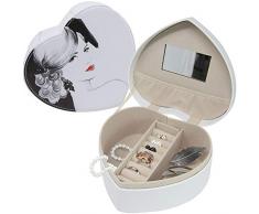 BAKAJI Portagioie con Specchio Scatola Forma Cuore Custodia Porta Gioielli in Eco Pelle con 3 Scomparti Portagioielli Stampa Donna Dimensione 19 x 17 x 9 cm per Camera da Letto Casa
