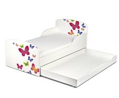 Letto Lettino Per Bambini In Legno Cassetto Cassettone e Materasso Magnifiche Stampe Mobili Per Bambini Attrezzatura Stanza Per Bambino Dimensioni 140x70 Motivo Farfalle