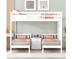 Letto a soppalco 3 in 1, superiore 140 x 200 cm, inferiore 70 x 140 cm, portata 120 kg, con comodino, letto a castello in pino e MDF, bianco