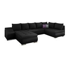 E- MEUBLES Ampio divano angolare XXL a U panoramico letto Convertibile con Baule 6/7 Posti - in Tessuto e similpelle - Soggiorno & soggiorno - JORMANI (Nero +Nero (Sawana 14+Soft 11), Sinistra)