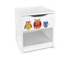 Leomark Comodino Moderno in Legno con cassetto e scompartimento apertoin, Comodino per Bambini, Colore Bianco con Motivo Gufi, Dimensioni: 40cm x 38cm x 42cm (LxWxH)