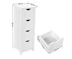 VASAGLE Cassettiera da Bagno con 4 Cassetti, Mobiletto Autoportante per Soggiorno, Camera da Letto, Corridoio, Cucina, in Legno, 30 x 30 x 82 cm, Bianco LHC40W