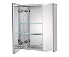 Fundin Armadietto a specchio in alluminio per incasso bagno o montaggio superficiale, con porta a specchio bifacciale, 50 x 61 cm, con ripiani regolabili in vetro temperato