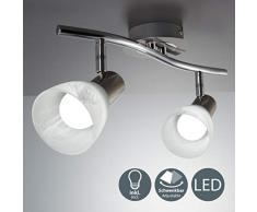 Plafoniera LED con 2 faretti orientabili, include 2 lampadine da 5W E14, lampada da soffitto per soggiorno, sala o camera da letto, metallo color nickel opaco e vetro, 230V, IP20