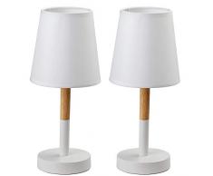 BAKAJI Set 2 Lampade da Tavolo lampada Lume da Comodino con Base in Metallo e Legno Paralume in Tessuto Bianco Abatjour Design Moderno Dimensione 14 x 32,5 cm