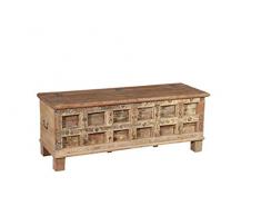 Biscottini Cassapanca Antica Originale in Legno di Teak Intagliato con Finitura Decapata L136XPR47XH53 CM