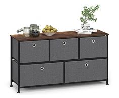 Cassettiera Grande con 5 Cassetto Design Armadietto Basso Credenza Stretta Comodino Camera da Letto Metallo Moderno per Ufficio Soggiorno Cameretta Ingresso Cucina in Legno+Acciaio Nero+Grigio