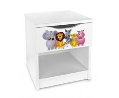 Leomark comodino moderno in legno con cassetto e scompartimento apertoin, comodino per bambini, colore bianco con motio ANIMALI ZOO GIUNGLA, dimensioni: 40cm x 38cm x 42cm (LxWxH)