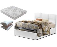 SARDAMATERASSI-Letto piazza e mezza con box contenitore bianco Touch + materasso misura 120x190 cm memory foam+coppia guanciali in fibra 3D