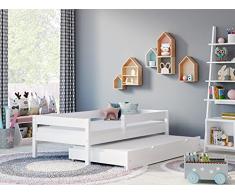 Lettini per bambini - Letto singolo con estraibile, Mateo per bambini e bambini, dimensioni 180 x 80, colore bianco, materasso 10 cm in schiuma e fibra di cocco