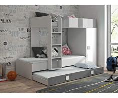 E- MEUBLES LEDO1 Letto a castello e soppalco per dormire con armadio ANTRESOLA 90 x 200 cm 3 posti 3 persone camera dei bambini bianco LED 2 -senza materasso, bianco + grigio lucido