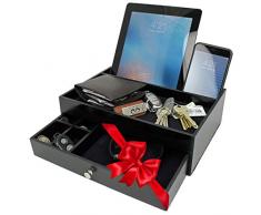 Ideas In Life Stazione di Ricarica per cassetto – Nero per Comodino e Caricatore con Vassoio per Orologi, Gioielli, Soldi, Chiavi – 5 Scomparti, cassettiera, Tablet, Cellulare, per Uomini e Donne