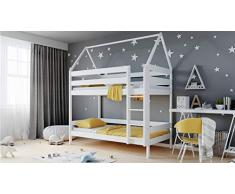 WFL GROUP Letto a Castello Design Casetta per Bambini 90x190 90x200 80x160 cm Letto a Castello 2 posti per Bambini in Solido Legno di Pino - 190x90 cm - Bianco