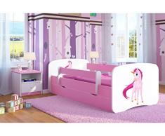Bjird Letto per Bambini Singolo Rosa 140x70 160x80 180x80 con sponda anticaduta con barriera con cassettone Estraibile per Ragazza - Unicorno - 80 x 180 cm