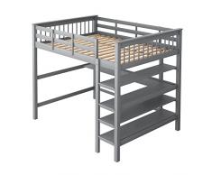 KecDuey Letto a castello, letto a soppalco per bambini con rete a doghe in legno, con scale, ripiani e scrivania sotto il letto (grigio, 140 x 200 cm)