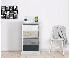 Rebecca srl Cassettiera Comodino 4 Cassetti NATURAL Legno Paulownia Bianco Beige Grigio Vintage Retrò Camera Bagno (Cod. RE4398)